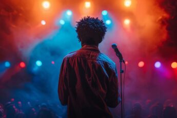 Singer on stage under colorful lights