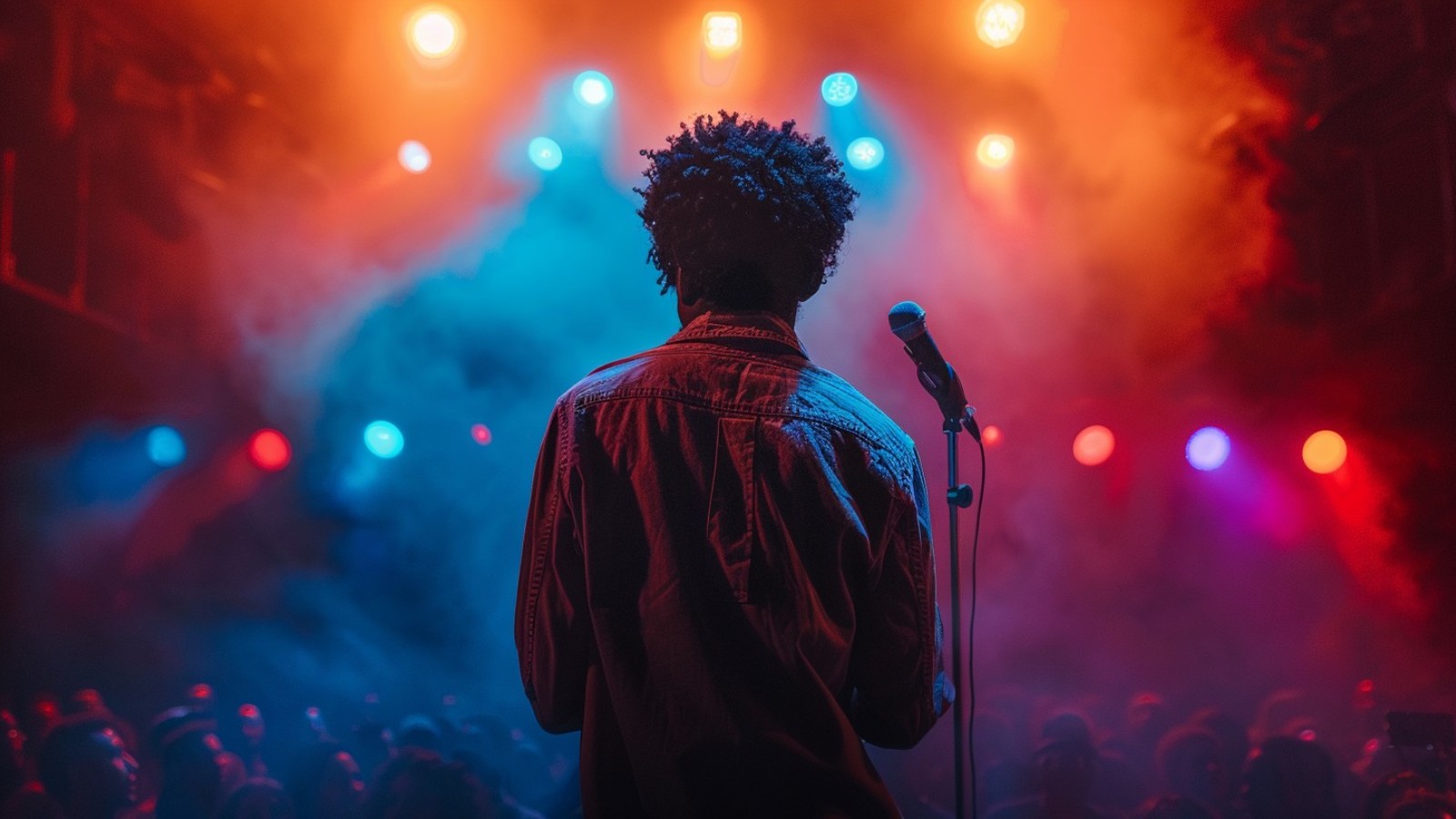 Singer on stage under colorful lights
