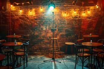 Comedy club stage with a microphone
