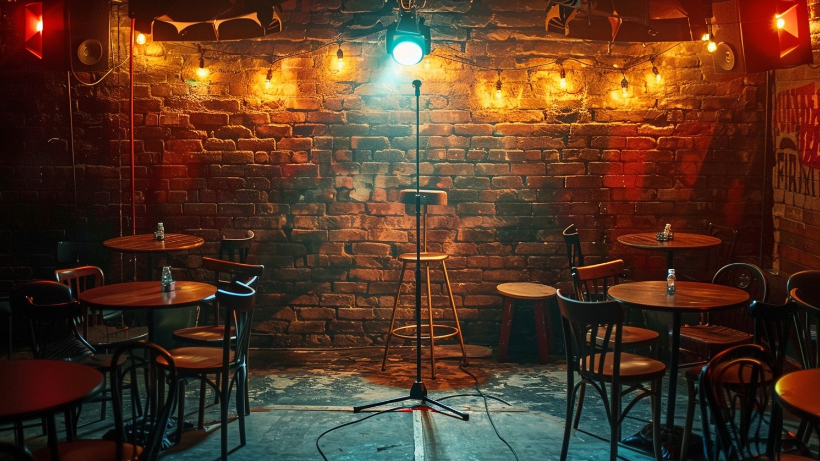 Comedy club stage with a microphone